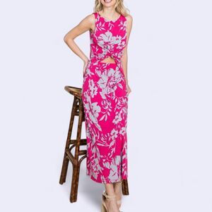 Vibrant Fuchsia Maxi Skirt W/ Elastic Waistband & Periwinkle Floral Print
